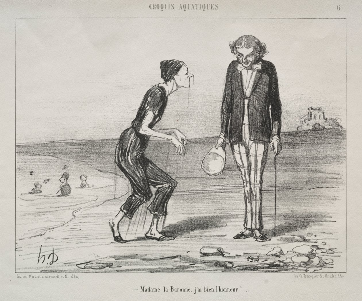 Aquatic Sketches, plate 8: Madame la Baronne, det er min ære... av Honoré Daumier