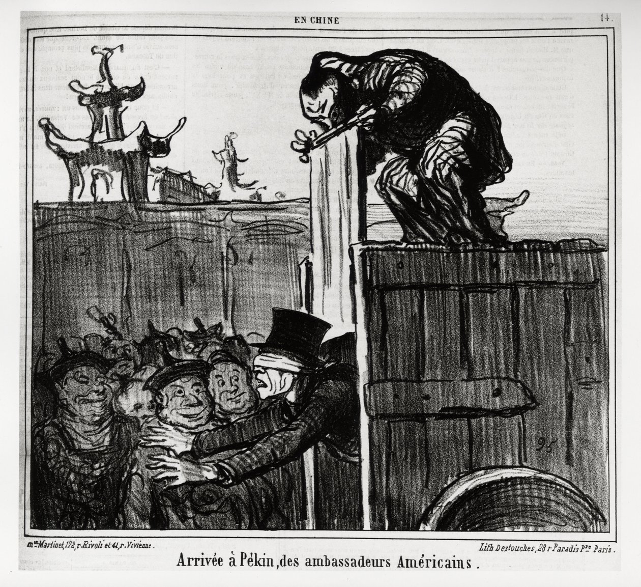 Ankom Beijing av amerikanske ambassadører. I serien In China, illustrasjon av Honore Daumier (1808-1879), publisert i "" Charivari"", datert 13. oktober av Honoré Daumier