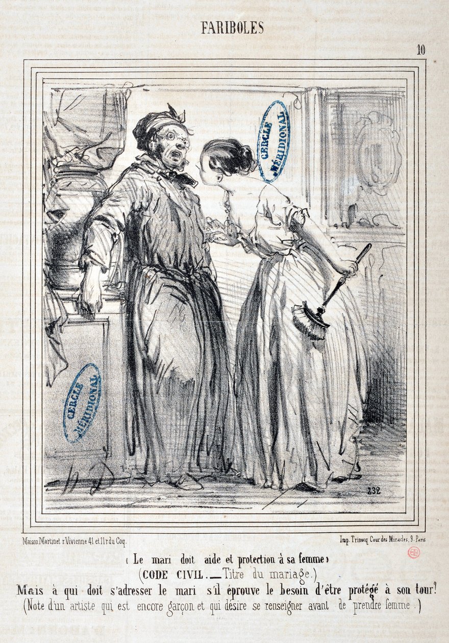 Kunstverk av Honore Daumier (1808-1879) Charivari: Serie FARIBOLES Le mari doit aide et protection a sa femme (Sivil Code - Title du mariage) "" -Men hvem må henvende seg til mannen hvis han føler behov for å bli beskyttet på sin side? (Notat av en artist  av Honoré Daumier