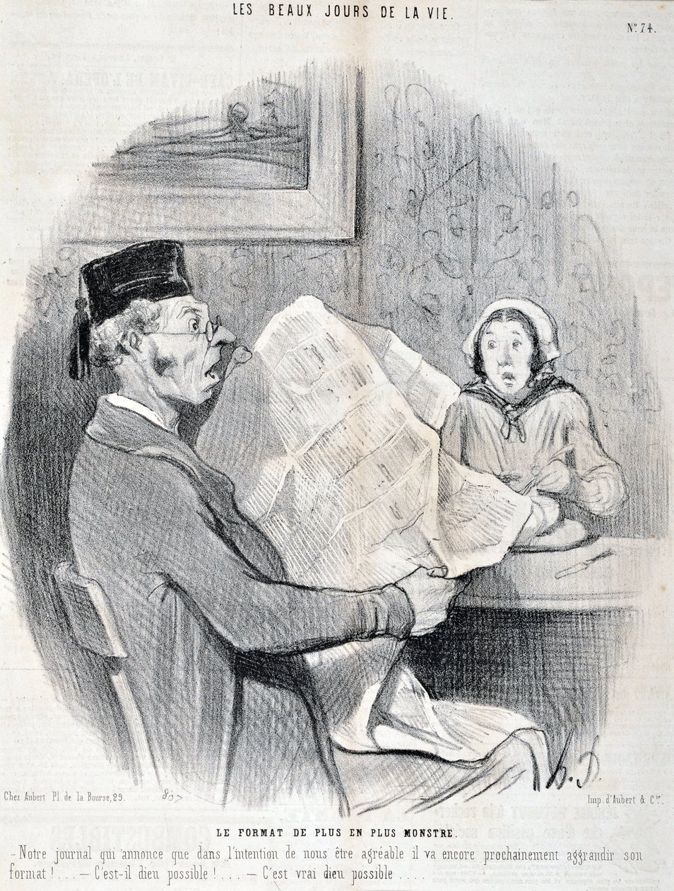 Kunstverk av Honore Daumier (1808-1879). Charivari: Serie THE BEAUTY DAYS OF LIVE. Det stadig mer monsterformatet "" -Avisen vår som kunngjør at for å være behagelig for deg vil den snart øke formatet ytterligere! er det mulig gud? "MUSE DES B av Honoré Daumier