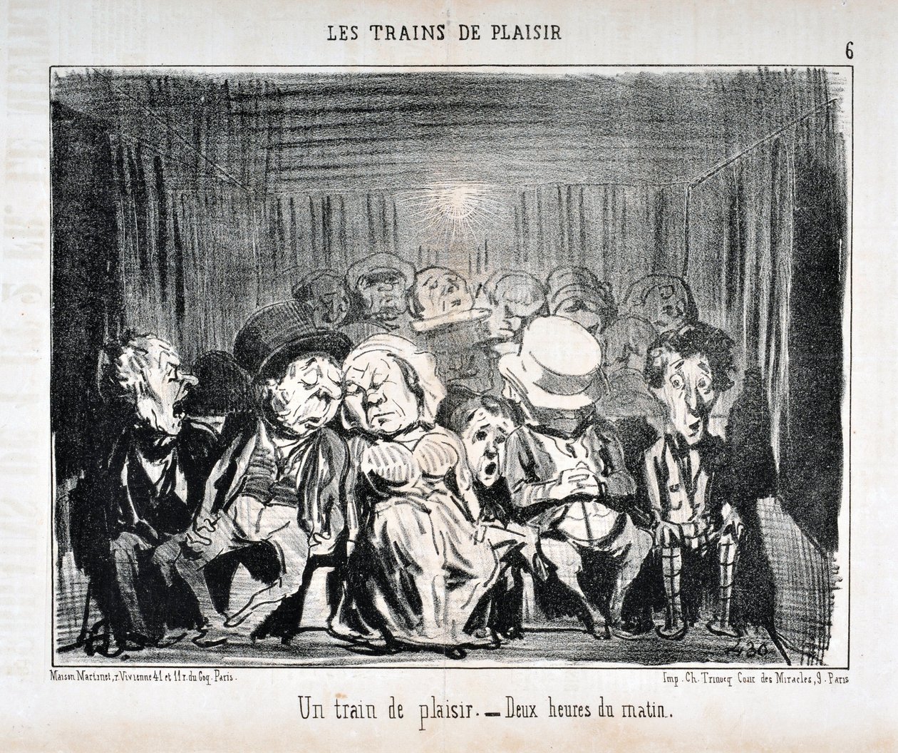 Kunstverk av Honore Daumier (1808-1879) Charivari er fra 1852: Serie LES TRAINS DE PLAISIR -Et lysttog. – Klokken to om morgenen. KUNSTMUSEUM - PALACE LONGCHAMP, MARSEILLE av Honoré Daumier