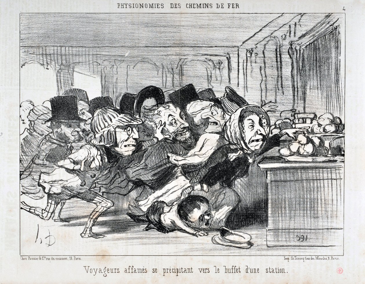 Kunstverk av Honore Daumier (1808-1879) Charivari er fra 1852: Serie PHYONOMIES DES CHAIN ​​​​DE FERR Sultne reisende skynder seg til buffeen på en stasjon MUSEE DES BEAUX ARTS - PALAIS LONGCHAMP, MARSEILLE av Honoré Daumier