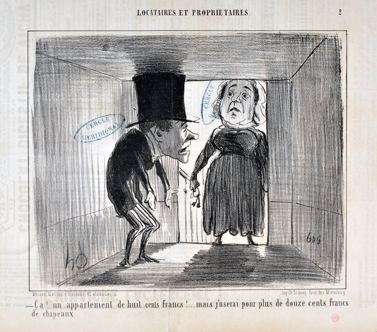 Kunstverk av Honore Daumier (1808-1879) Charivari er fra 1854: Serie TENNIQUES AND OWNERS "" Ca!... en leilighet på åtte hundre franc!... men jeg vil bruke hatter for mer enn tolv hundre francs"" MUSEE DES BEAUX ARTS - PALAIS LONGCHAMP, MARSEILLE av Honoré Daumier