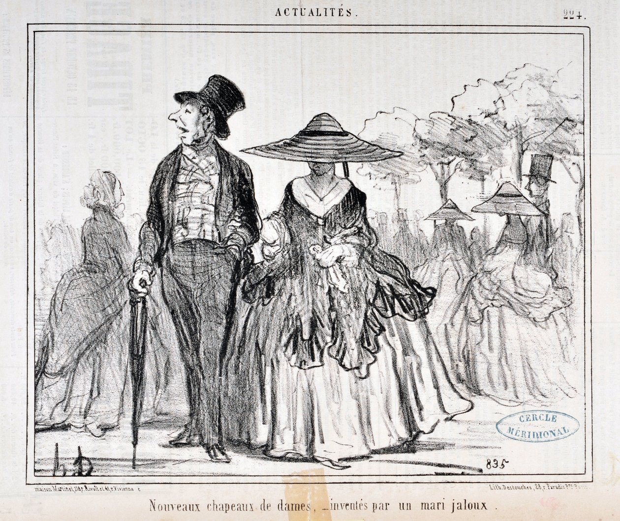 Kunstverk av Honore Daumier (1808-1879) Charivari er fra 1855: Serie Actualites "" Nye damehatter, oppfunnet av en sjalu ektemann "" MUSEE DES BEAUX ARTS - PALAIS LONGCHAMP, MARSEILLE av Honoré Daumier