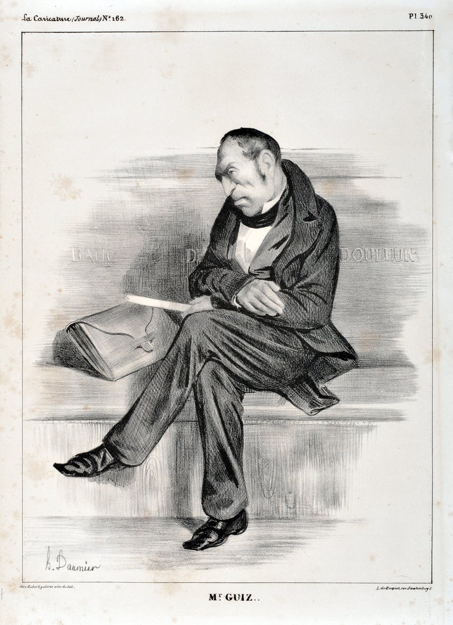 Kunstverk av Honore Daumier (1808-1879). Charivari stammer fra 1833: Serie Celebrites de la caricature "" M. Guiz..."" KUNSTMUSEUM - PALACE LONGCHAMP, MARSEILLE av Honoré Daumier