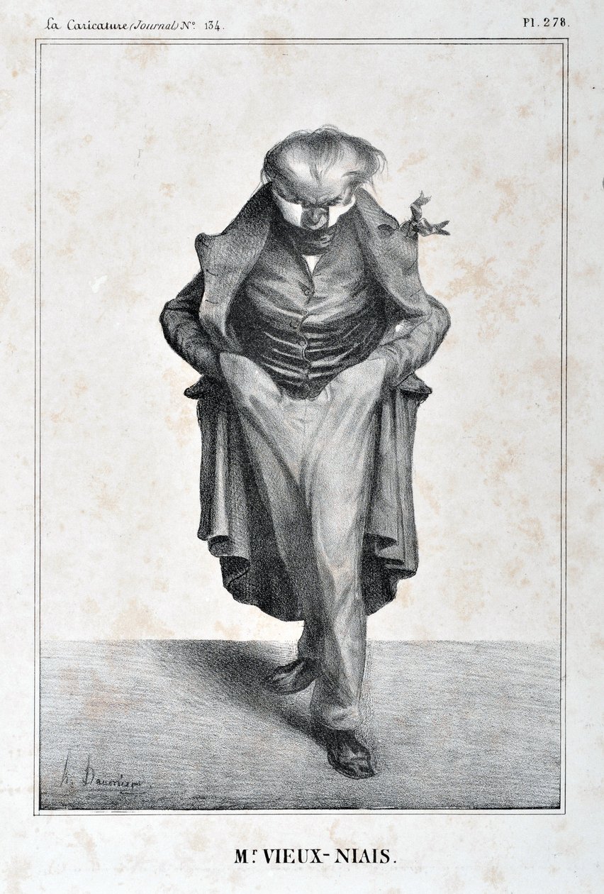 Kunstverk av Honore Daumier (1808-1879). Charivari stammer fra 1833: Serie Celebrites de la Caricature "" M. Vieux-Niais"" KUNSTMUSEUM - PALAIS LONGCHAMP, MARSEILLE av Honoré Daumier