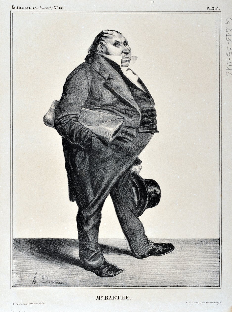 Kunstverk av Honore Daumier (1808-1879). Charivari stammer fra 1833: Serie Celebrites de la Caricature "" M. Barthe"" KUNSTMUSEUM - PALAIS LONGCHAMP, MARSEILLE av Honoré Daumier