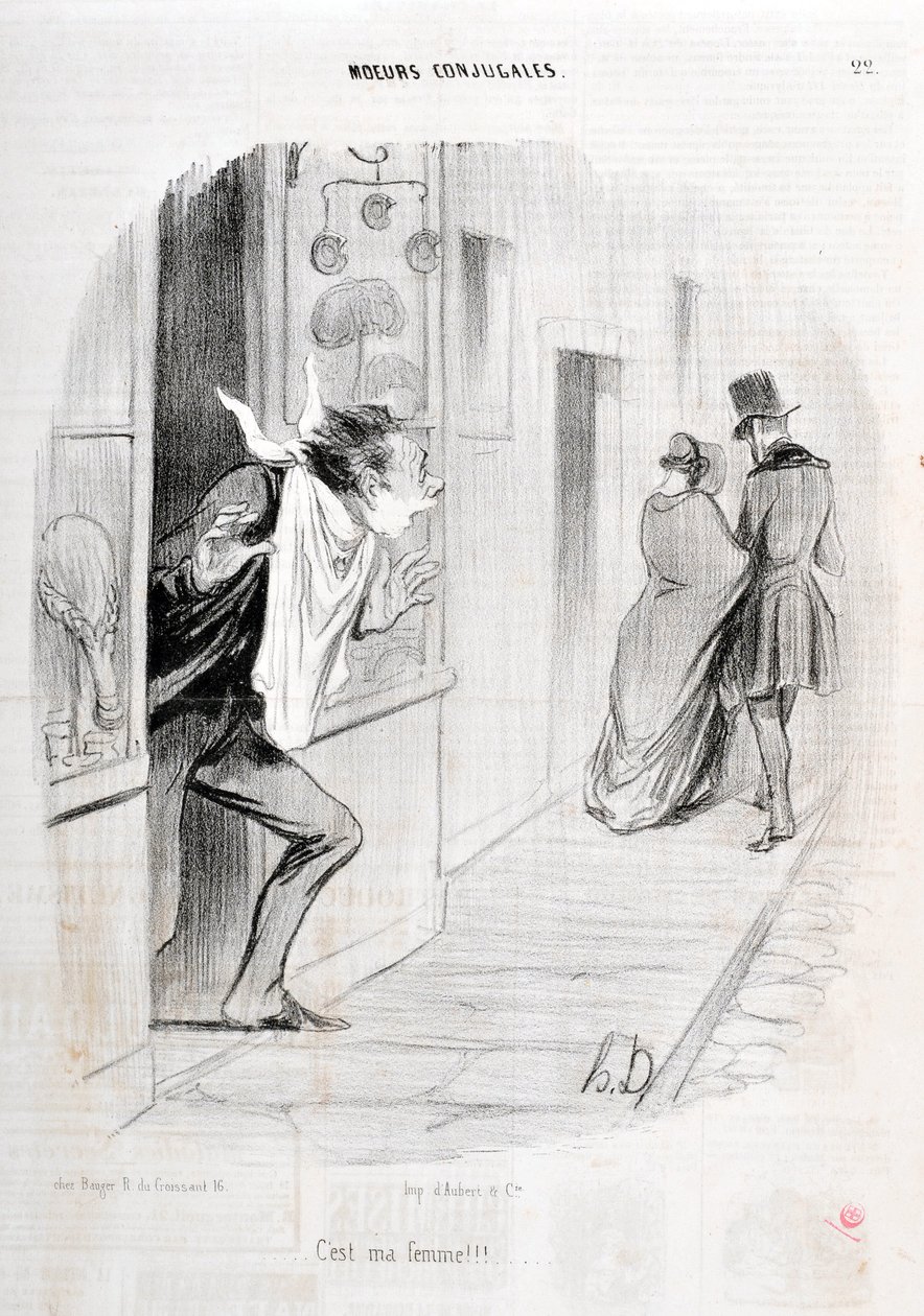 Kunstverk av Honore Daumier (1808-1879). Charivari stammer fra 1840 Serie MORIES CONJUAL “” Det er min kone!!! “” MUSEUM FOR FINE ARTS - PALACE LONGCHAMP, MARSEILLE av Honoré Daumier