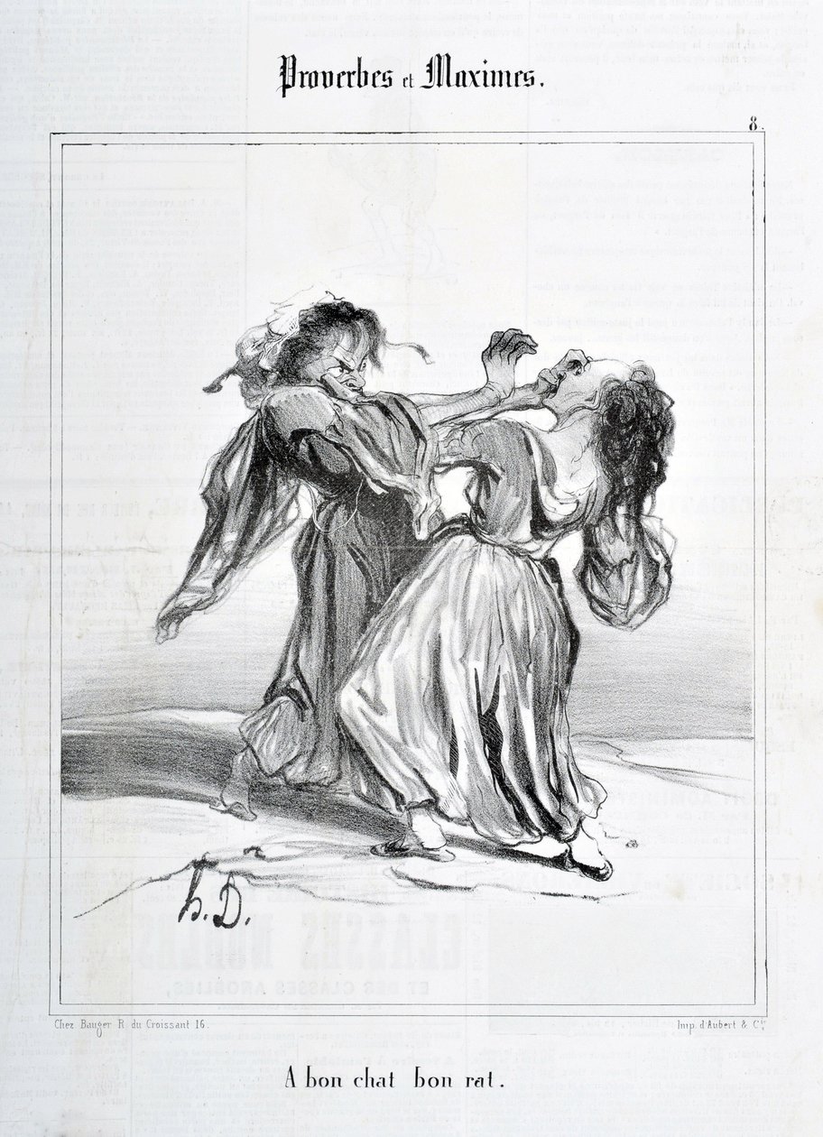 Kunstverk av Honore Daumier (1808-1879). Charivari stammer fra 1840: serien Ordspråk og maksimum "A bon cat bon rat"" MUSEUM FOR FINE ARTS - PALAIS LONGCHAMP, MARSEILLE av Honoré Daumier