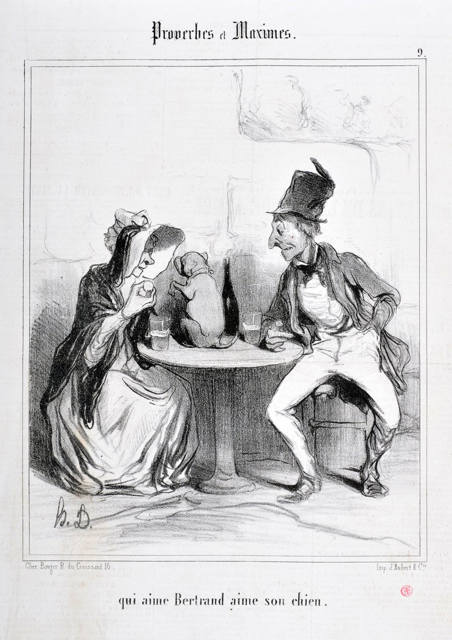 Kunstverk av Honore Daumier (1808-1879). Charivari stammer fra 1840: Serie PROVERBS ET MAXIMES "" som elsker Bertrand elsker hunden sin "" MUSEE DES BEAUX ARTS - PALAIS LONGCHAMP, MARSEILLE av Honoré Daumier