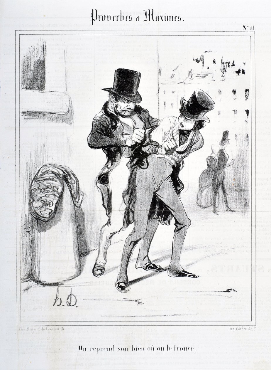 Kunstverk av Honore Daumier (1808-1879). Charivari stammer fra 1840: Serie PROVERBES ET MAXIMES "" Vi gjenopptar eiendommen vår eller vi finner den""" KUNSTMUSEUM - PALAIS LONGCHAMP, MARSEILLE av Honoré Daumier
