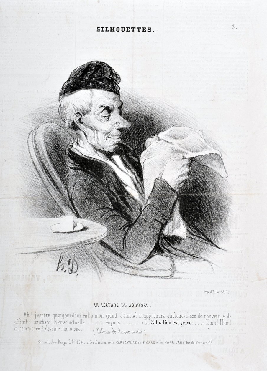 Kunstverk av Honore Daumier (1808-1879). Charivari stammer fra 1840: SOUXETTES-serien "" Leser avisen "" MUSEE DES BEAUX ARTS - PALAIS LONGCHAM av Honoré Daumier