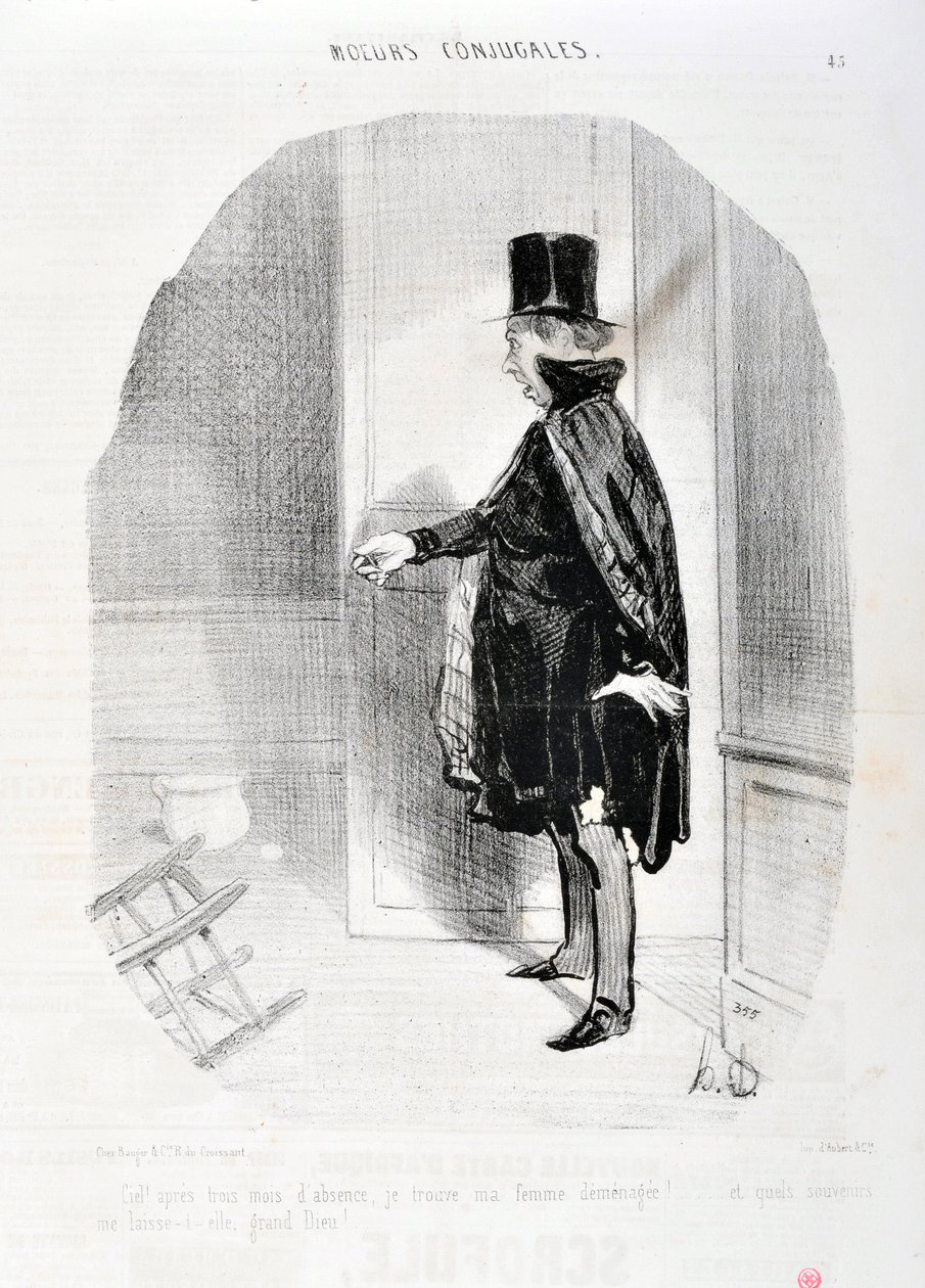 Kunstverk av Honore Daumier (1808-1879). Charivari stammer fra 1842: Serie MORES CONJUALES “” Himmelen etter tre måneders fravær finner jeg min kone demenagee og hvilke minner jeg vasker hennes store Gud! “” MUSEUM FOR FINE ARTS - PALACE LONGCHAMP, MARSEIL av Honoré Daumier