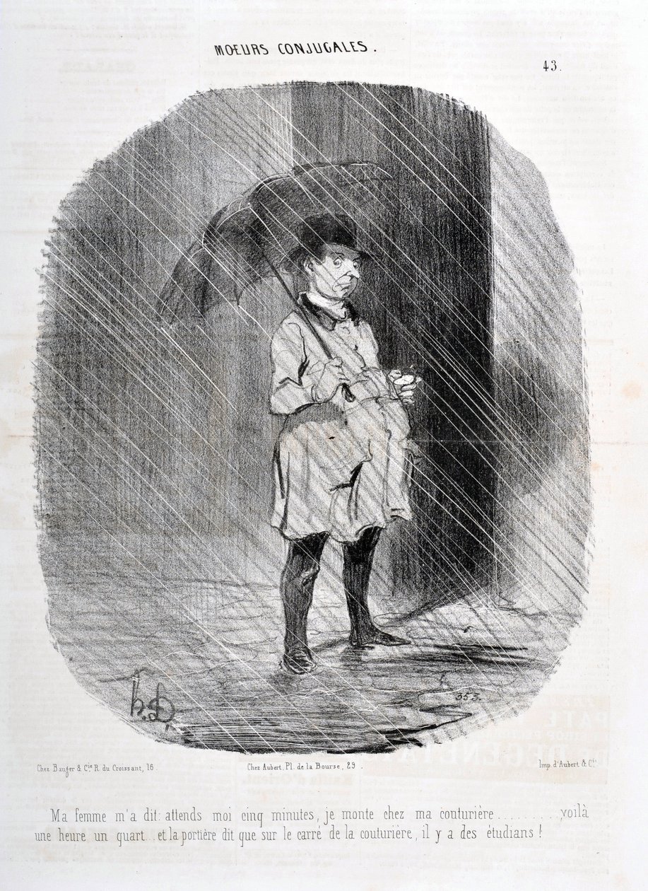 Kunstverk av Honore Daumier (1808-1879). Charivari er fra 1842: Serie MORES CONJUALES “” Min kone fortalte meg vent på meg fem minutter. Jeg går opp til couturiere for en time for et kvarter siden og døren sier at på torget til couturiere er det studenter! av Honoré Daumier