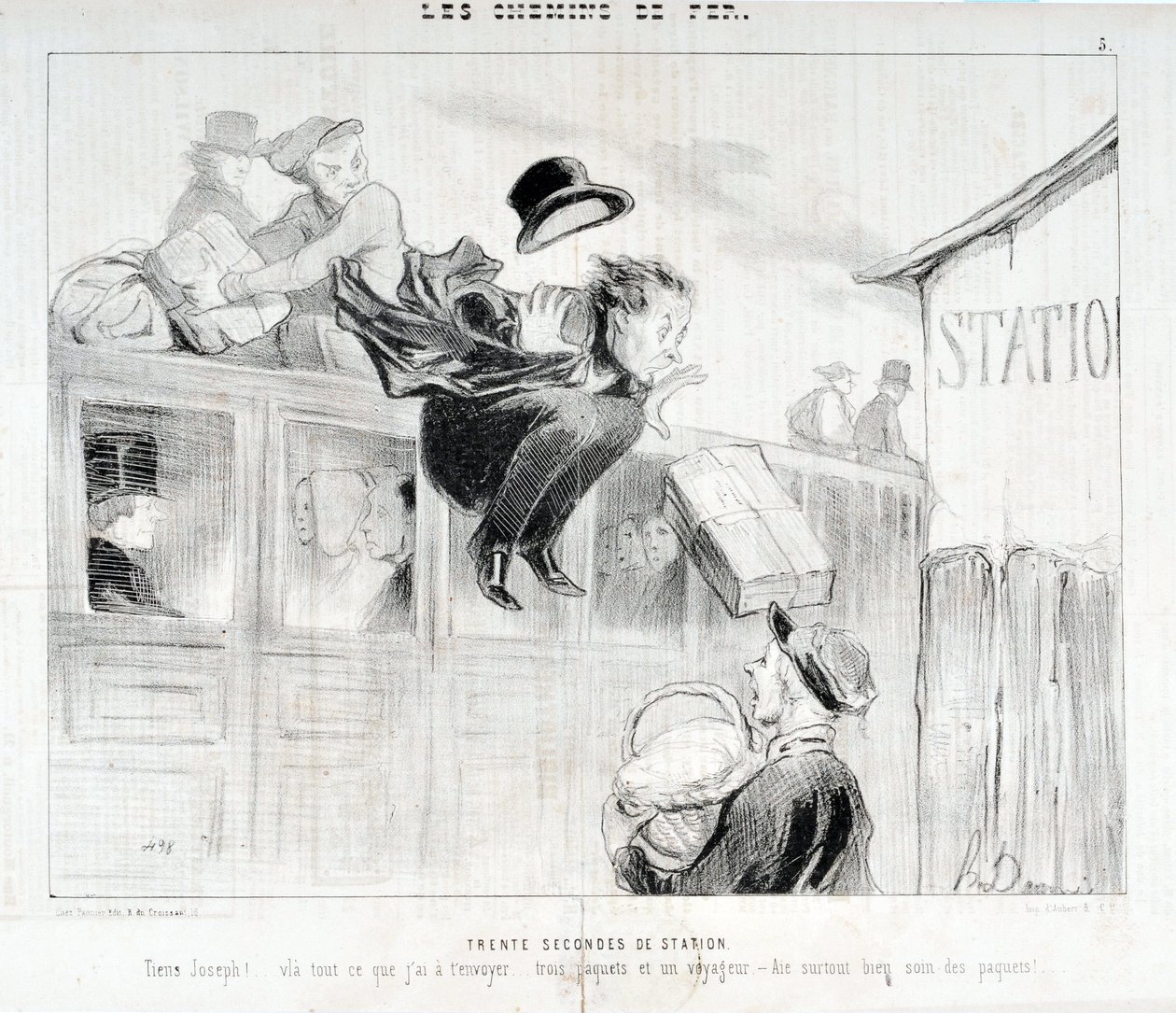 Kunstverk av Honore Daumier (1808-1879). Charivari stammer fra 1843: Serie LES Chemins de fer Tretti sekunder av stasjonen "" -Tiens Joseph! vla alt jeg har å sende deg... tre pakker og en reisende - Fremfor alt ta vare på pakkene”” MUSEE DES BEAUX ART av Honoré Daumier