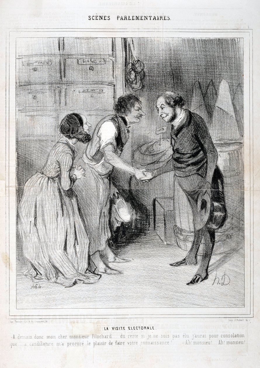 Kunstverk av Honore Daumier (1808-1879). Charivari stammer fra 1843: Serie SCENES PARLIAMENTARY. Valgbesøket. KUNSTMUSEET - PALACE LONGCHAMP, MARSEILLE av Honoré Daumier