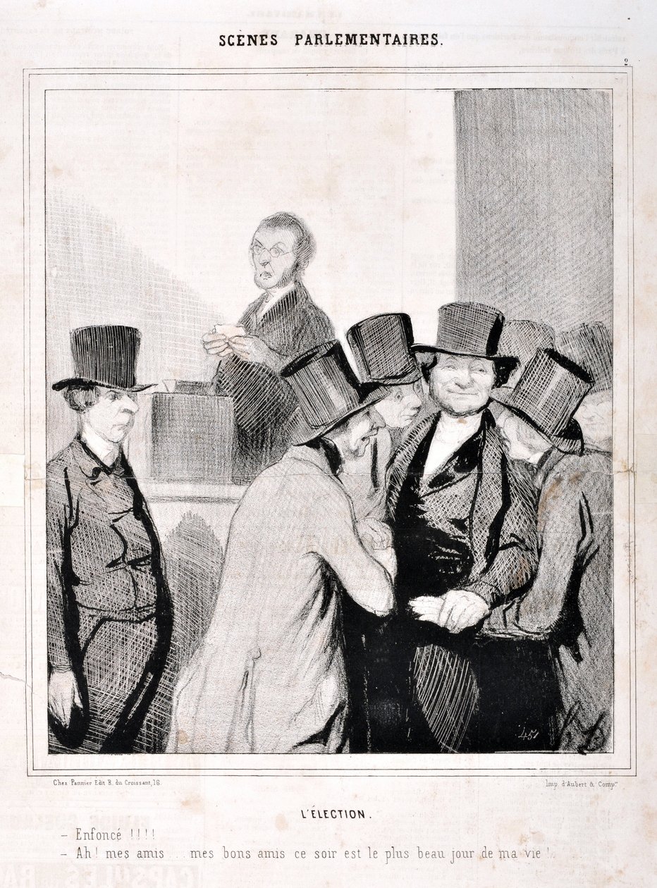 Kunstverk av Honore Daumier (1808-1879). Charivari er fra 1843: Serie SCENES PARLIAMENTARY. Valget “” Svøm!!! "Ah mine venner mine gode venner i kveld er den mest dagen i mitt liv!" KUNSTMUSEUM - PALACE LONGCHAMP, MARSEILLE av Honoré Daumier