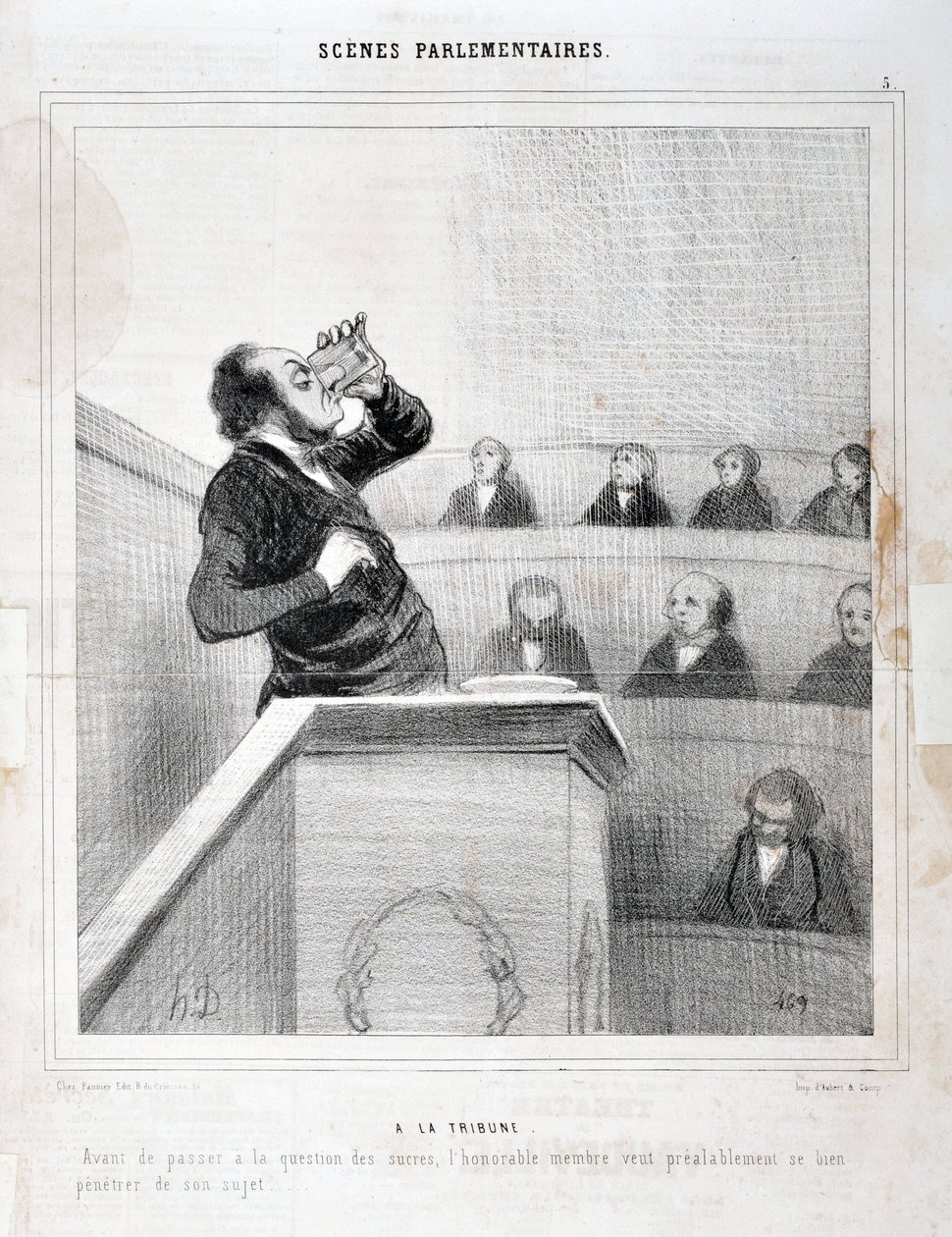 Kunstverk av Honore Daumier (1808-1879). Charivari stammer fra 1843: Serie SCENES PARLIAMENTARY. I galleriet - Før han går videre til spørsmålet om sukker, sier hon. medlem ønsker å tenke godt om emnet sitt”” MUSEE DES BEAUX ARTS - PALAIS LONGCHAMP, MARS av Honoré Daumier