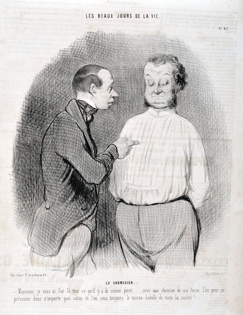 Kunstverk av Honore Daumier (1808-1879). Charivari stammer fra 1845: Serie LES BEAUX DAYS DE LA VIE. Blusen "" -Sir, jeg har laget deg den beste iført... med en skjorte på min måte kan du presentere deg selv i enhver stue, og vi vil alltid være best kledd  av Honoré Daumier