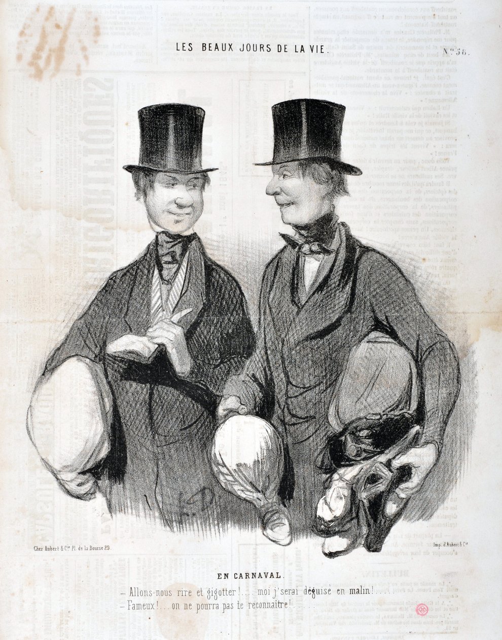 Kunstverk av Honore Daumier (1808-1879). Charivari stammer fra 1845: Serie LES BEAUX DAYS DE LA VIE. I Carnival “” -La oss le og gigotte! Jeg vil bli skuffet så smart! Berømt! Vi kan ikke kjenne deg igjen...” MUSEUM FOR FINE ARTS - PALACE LONGCHAMP, MARSEI av Honoré Daumier