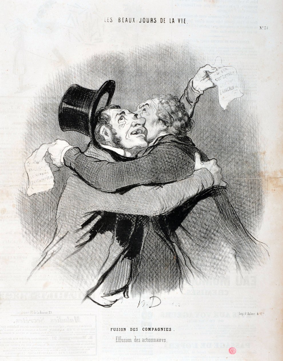 Kunstverk av Honore Daumier (1808-1879). Charivari stammer fra 1845: Serie LES BEAUX DAYS DE LA VIE. Fusjon av selskaper - Utfall av aksjonærer. KUNSTMUSEET - PALACE LONGCHAMP, MARSEILLE av Honoré Daumier
