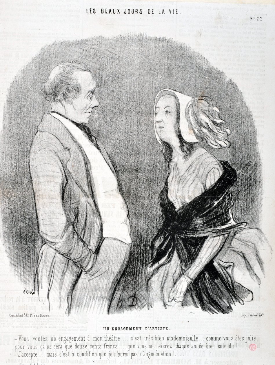 Kunstverk av Honore Daumier (1808-1879). Charivari stammer fra 1845: Serie LES BEAUX DAYS DE LA VIE. En artists forpliktelse «Du vil ha et engasjement for teateret mitt... det er veldig bra frøken... hvor pen du er for deg, det vil bare være tolv hundre fr av Honoré Daumier