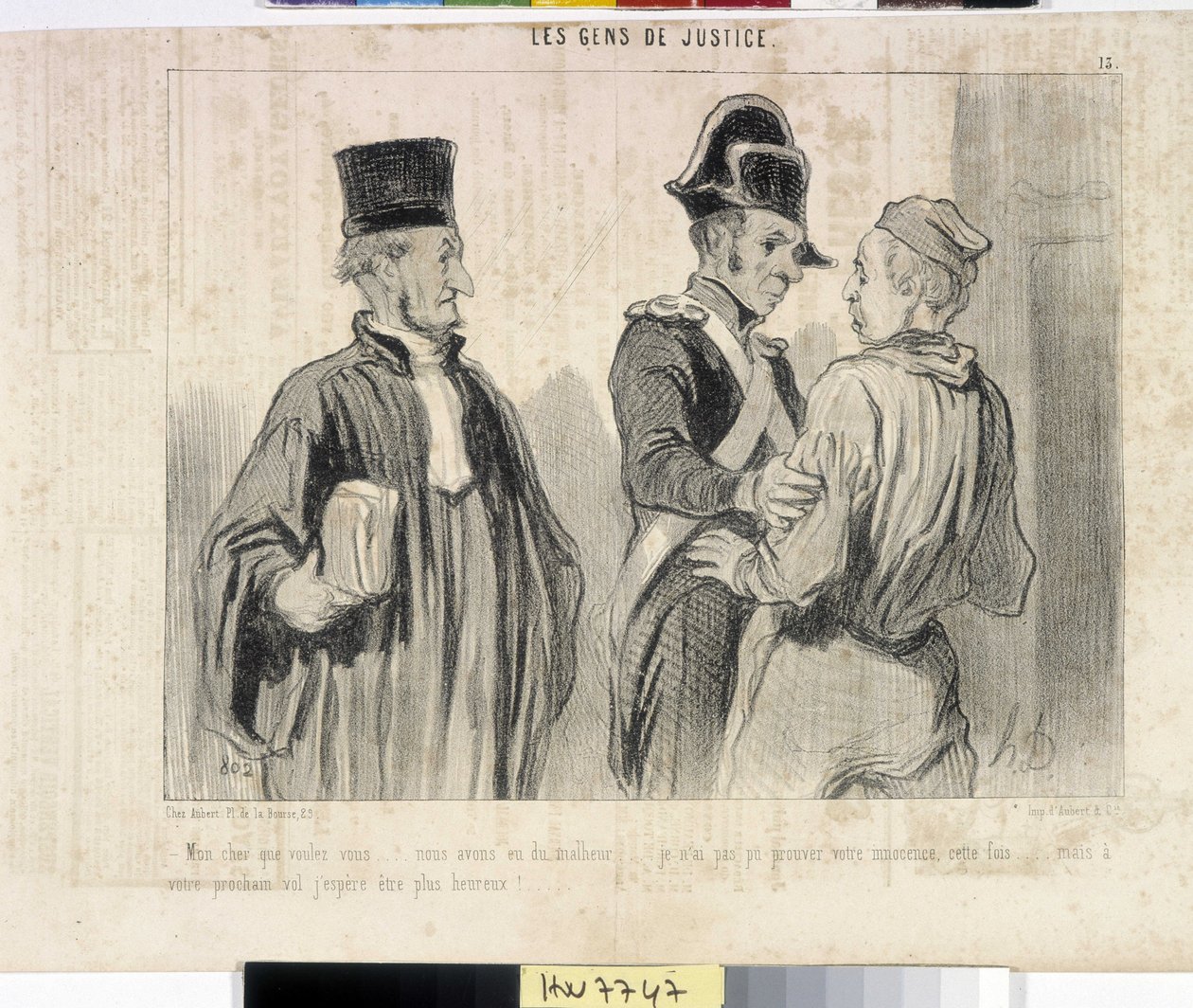 Kunstverk av Honore Daumier (1808-1879). Charivari stammer fra 1845: Serie LES PEANS DE JUSTICE. "" -Min kjære, hva vil du... vi hadde ulykke... Jeg kunne ikke bevise din uskyld denne gangen... men din neste flytur håper jeg å bli lykkeligere.""""" utdrag  av Honoré Daumier