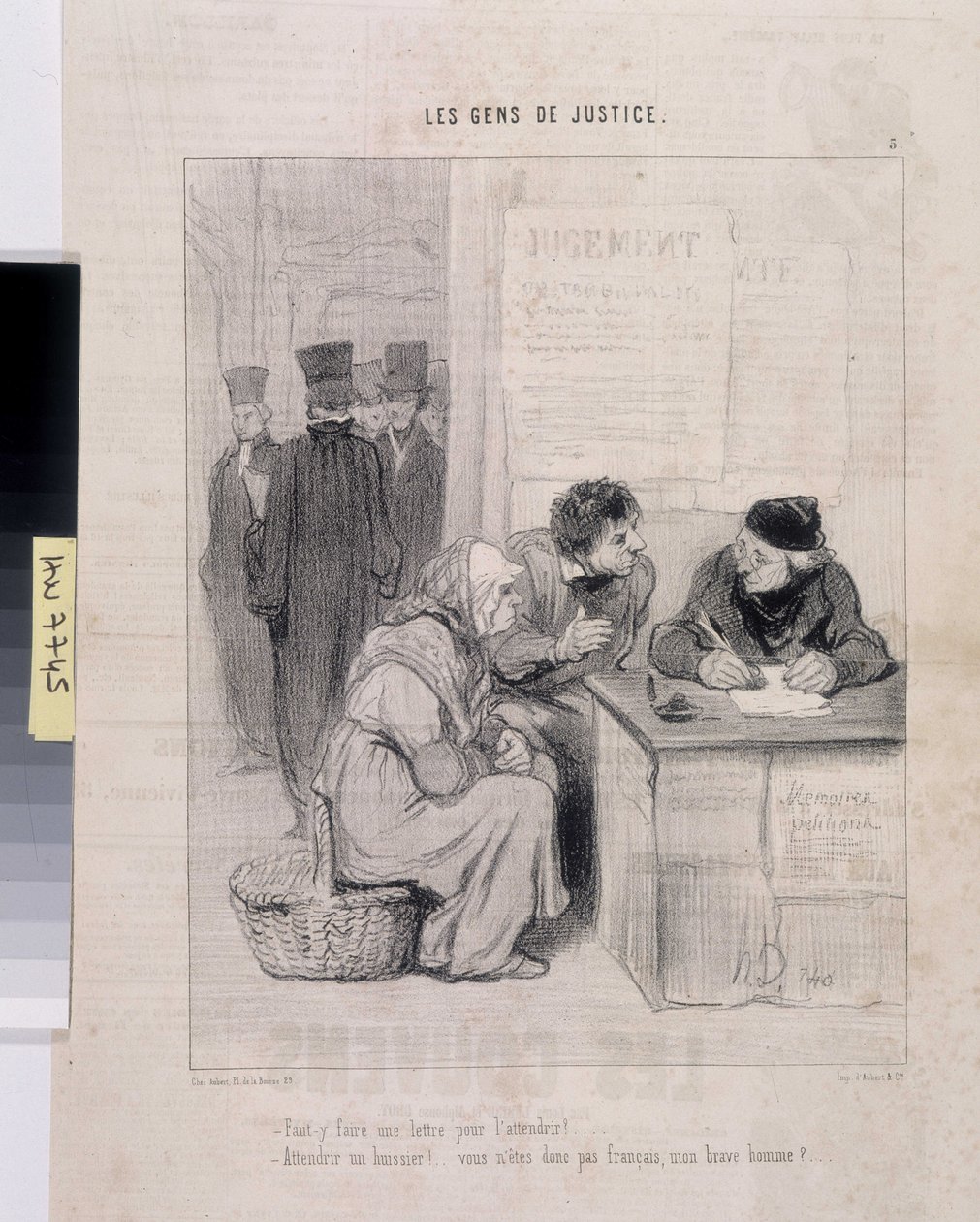 Kunstverk av Honore Daumier (1808-1879). Charivari stammer fra 1845: Serie LES PEANS DE JUSTICE. "Må du skrive et brev for å gjøre ham øm? - Går til namsmann! Er du ikke fransk, min gode mann?» Størrelse 37,5x28. Utdrag fra avisen Le"" Charivari" av Honoré Daumier