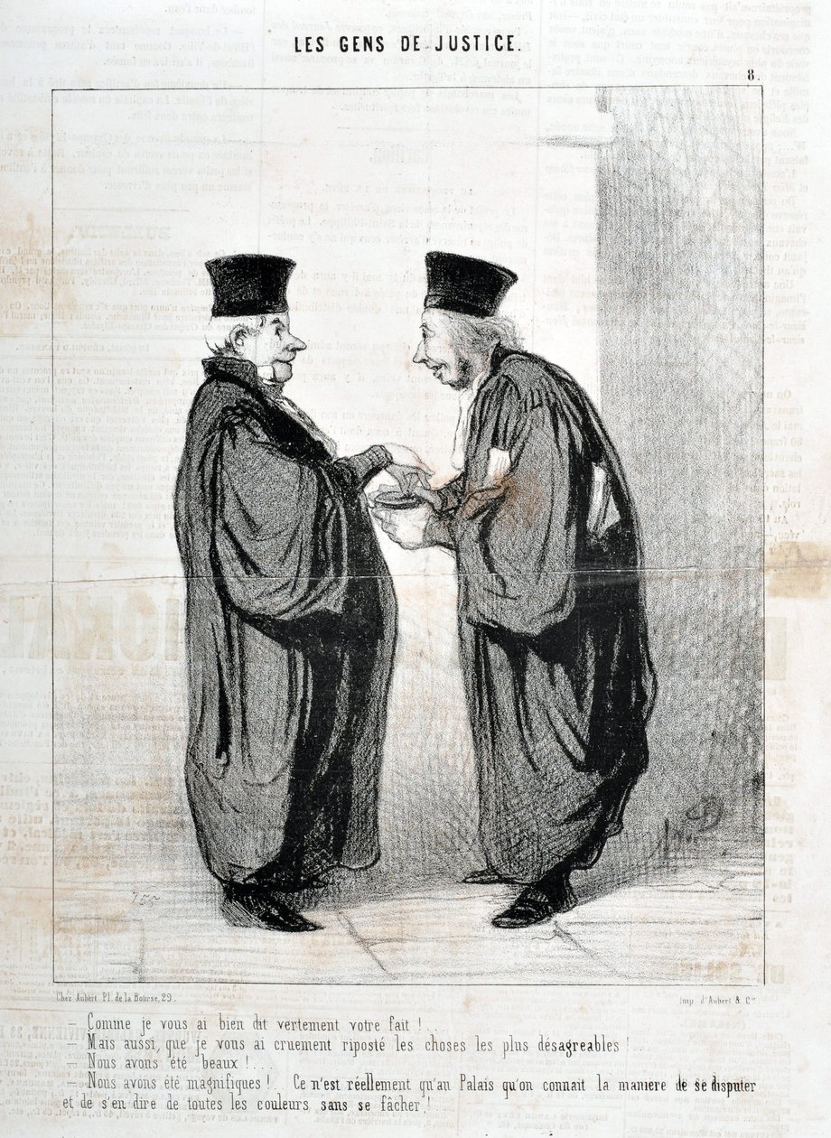 Kunstverk av Honore Daumier (1808-1879). Charivari stammer fra 1845: Serie LES PEOPLES DE JUSTICE "" -Som jeg fortalte deg, er det sannelig ditt faktum! Vi var vakre. Vi var vakre!... det er egentlig bare i Palais vi kjenner måten å krangle og snakke om de av Honoré Daumier