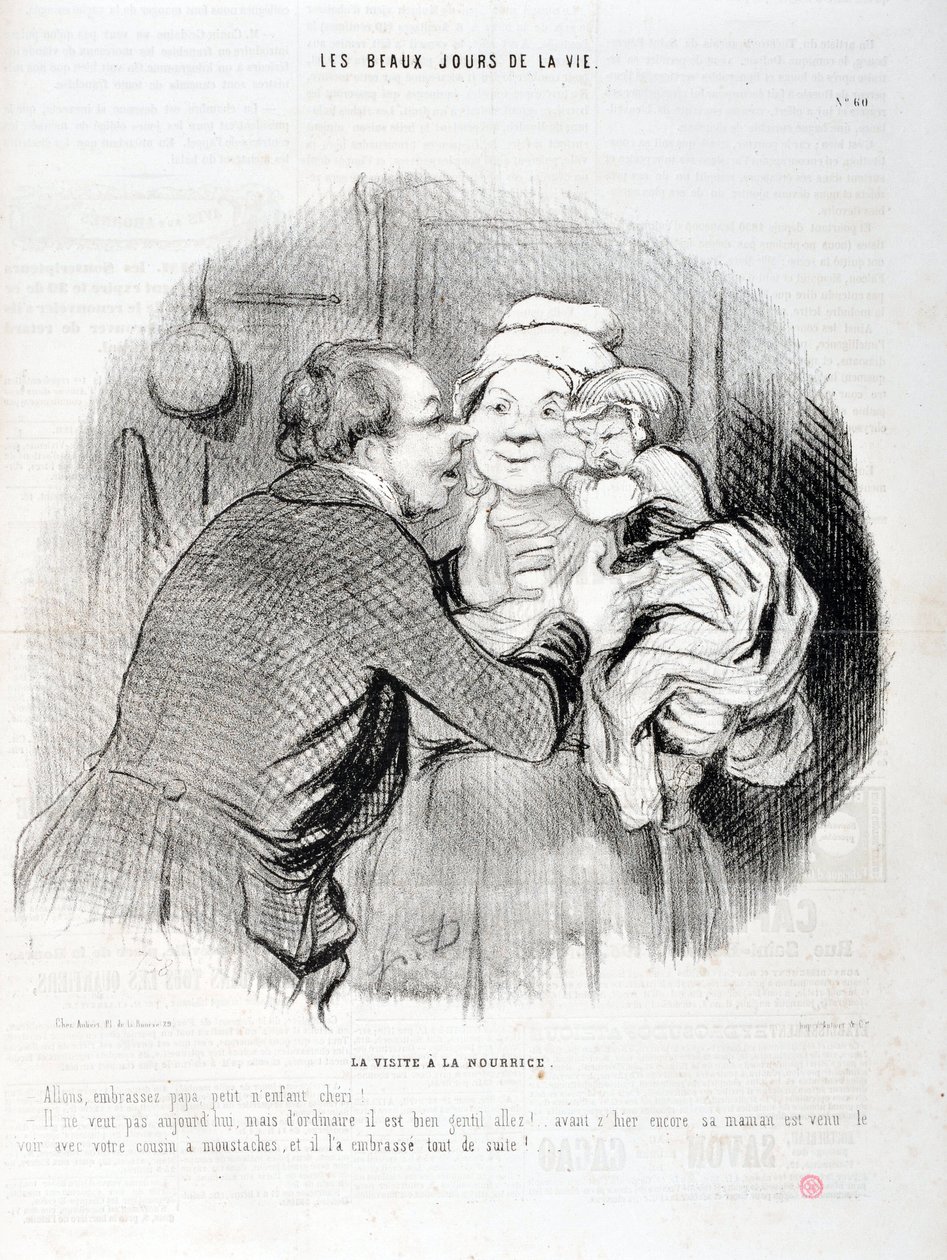 Kunstverk av Honore Daumier (1808-1879). Charivari stammer fra 1848: Serie Les beaux jours de la vie. Besøket til sykepleieren - La oss kysse pappa lille barn kjære - Han vil ikke i dag men vanligvis...”” KUNSTMUSEET - PALACE LONGCHAMP, MARSEILLE av Honoré Daumier