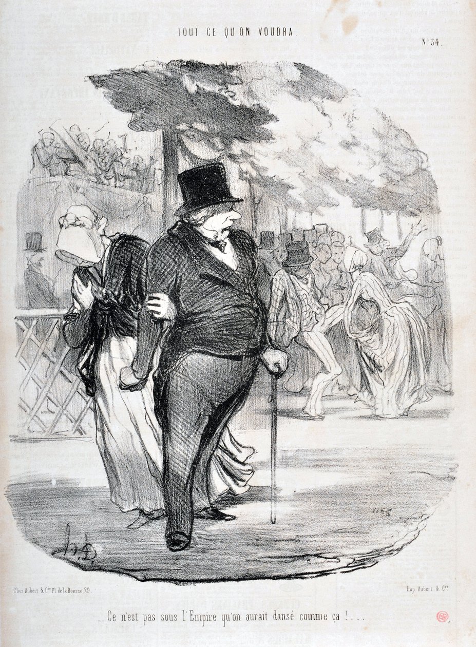 Kunstverk av Honore Daumier (1808-1879). Charivari stammer fra 1849: Serie ALL WHAT YOU WILL “” Det er ikke under imperiet vi ville danset slik!...”” MUSEUM OF FINE ARTS - PALACE LONGCHAMP, MARSEILLE av Honoré Daumier