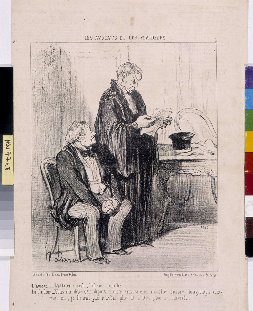 Kunstverk av Honore Daumier (1808-1879). Charivari stammer fra 1851: Serie LES Avocats et les litigants. «Advokaten – saken fungerer, saken fungerer! Litigator-Du har fortalt meg dette i fire år hvis hun fortsatt går så lenge at jeg ender opp med å ha av Honoré Daumier