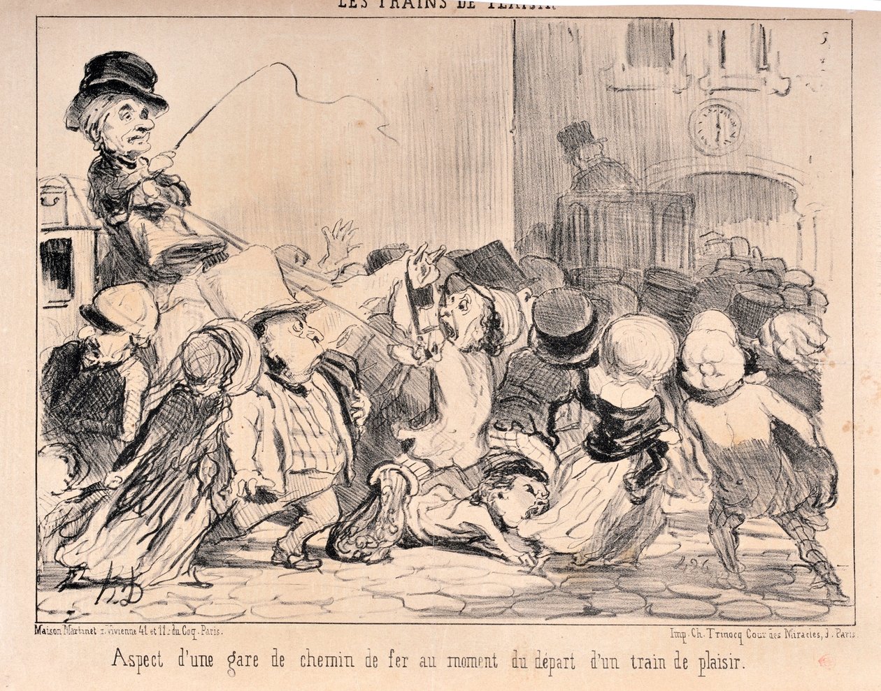 Kunstverk av Honore Daumier (1808-1879). Charivari stammer fra 1852: Serie LES TRAINS DE PLAISURE Utseendet til en jernbanestasjon på tidspunktet for avgang av et lysttog MUSEE DES BEAUX ARTS - PALAIS LONGCHAMP, MARSEILLE av Honoré Daumier