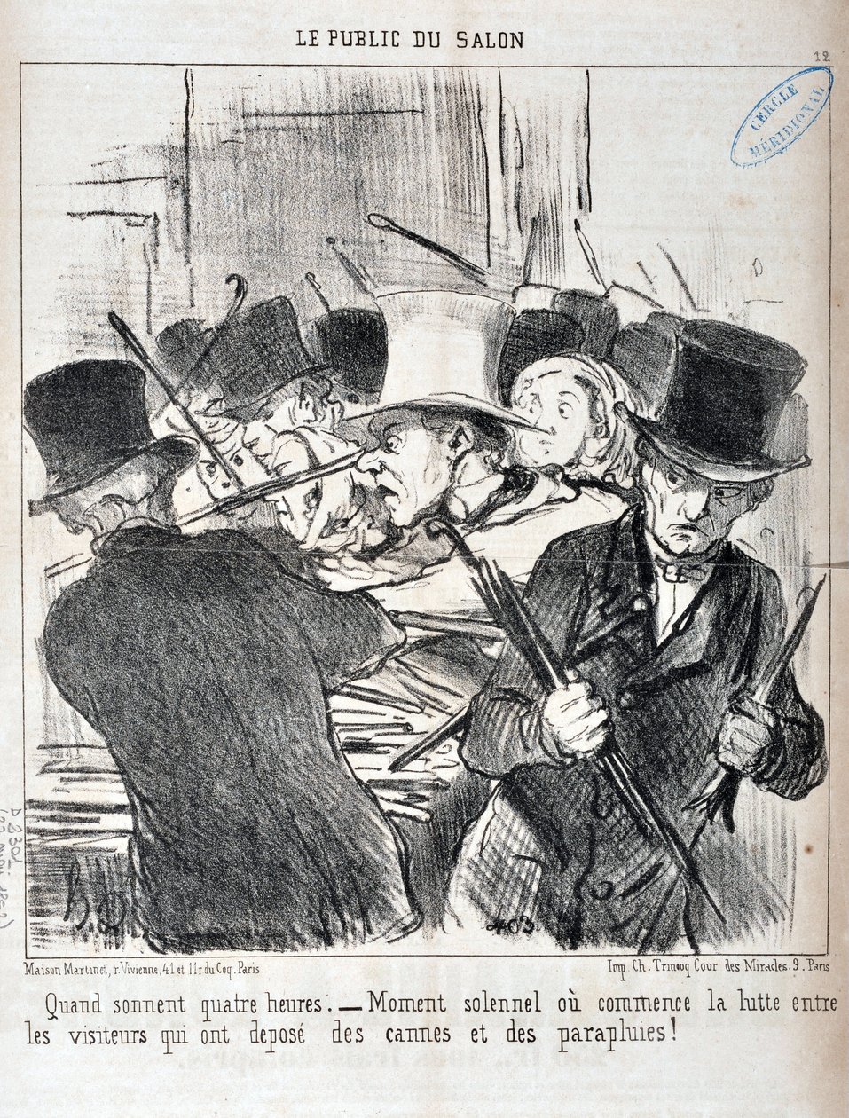 Kunstverk av Honore Daumier (1808-1879). Charivari stammer fra 1852: Serie LE PUBLIC DU SALON - "" Når lyd fire timer.- høytidelig øyeblikk eller begynner kampen mellom besøkende som har deponert stokker og paraplyer"" MUSEE DES BEAUX A av Honoré Daumier