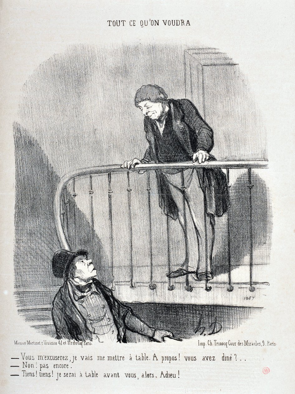 Kunstverk av Honore Daumier (1808-1879). Charivari stammer fra 1853: Serie ALT HVA DU VIL “Du vil unnskylde meg, jeg skal sitte ved bordet. Om det! Spiste du? - Nei ikke ennå. "Vel, vel, jeg skal være ved bordet før deg""" MUSEE DES BEA av Honoré Daumier