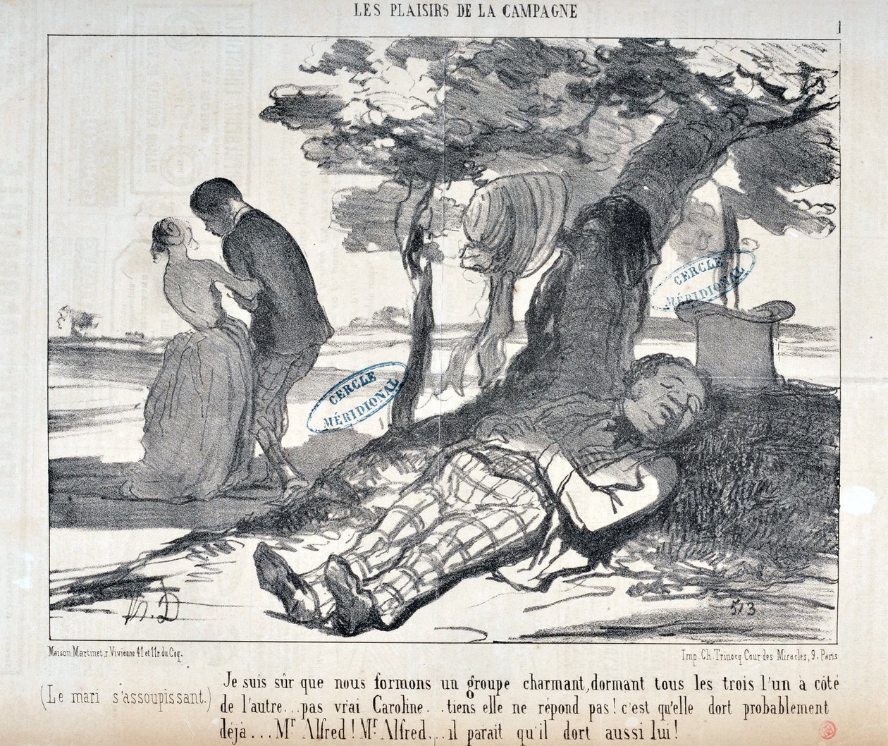 Kunstverk av Honore Daumier (1808-1879) Charivari stammer fra 1853: Serie LES PLAISIRS DE LA CAMPAGNE "" Jeg er sikker på at vi danner en sjarmerende gruppe, alle tre til hverandre ... ikke sant Caroline ... gjør ikke svare! Hun sover sannsynligv av Honoré Daumier