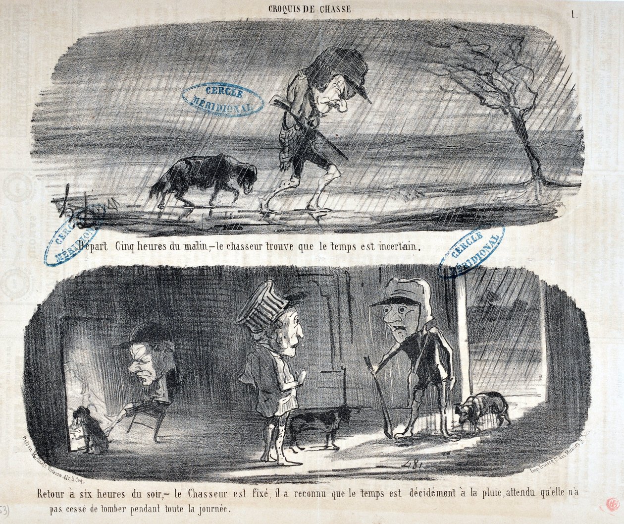 Kunstverk av Honore Daumier (1808-1879) Charivari stammer fra 1853: Serie Sketches de Chasse “” Depart Five heures du matin, - le chasseur finner ut at været er usikkert””” “” Tilbake til klokken seks om kvelden, - jegeren er fikset, det kjente han igjen av Honoré Daumier