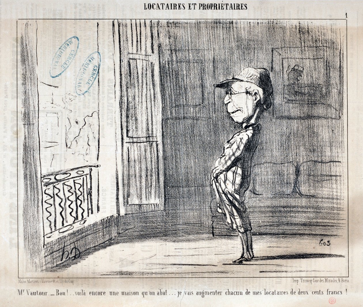 Kunstverk av Honore Daumier (1808-1879) Charivari stammer fra 1854: Serie TENNIQUES ET OWNIRES "" Mr Vautour - Bon!... Dette er nok et hus som blir skutt ned... Jeg vil øke hver av mine leietakere med to hundre franc! ” MUSEUM FOR FINE ARTS - PAL av Honoré Daumier