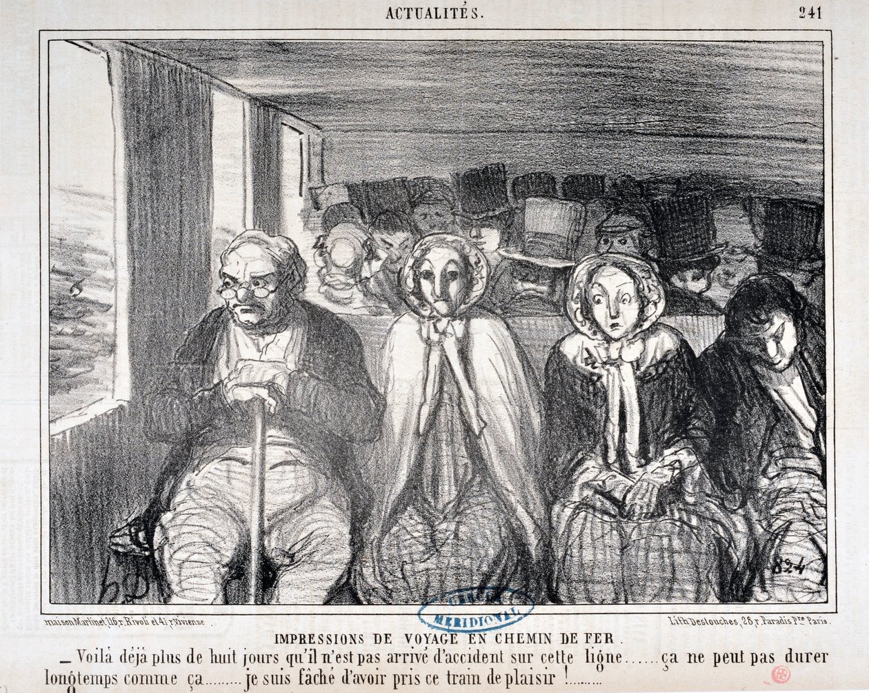 Kunstverk av Honore Daumier (1808-1879) Charivari stammer fra 1855: Serie Actualites de voyage en railroad “” -Her er mer enn åtte dager at det ikke har skjedd en ulykke på denne linjen... det kan ikke vare lenge slik. .. Jeg beklager å ha tatt dette toget av Honoré Daumier