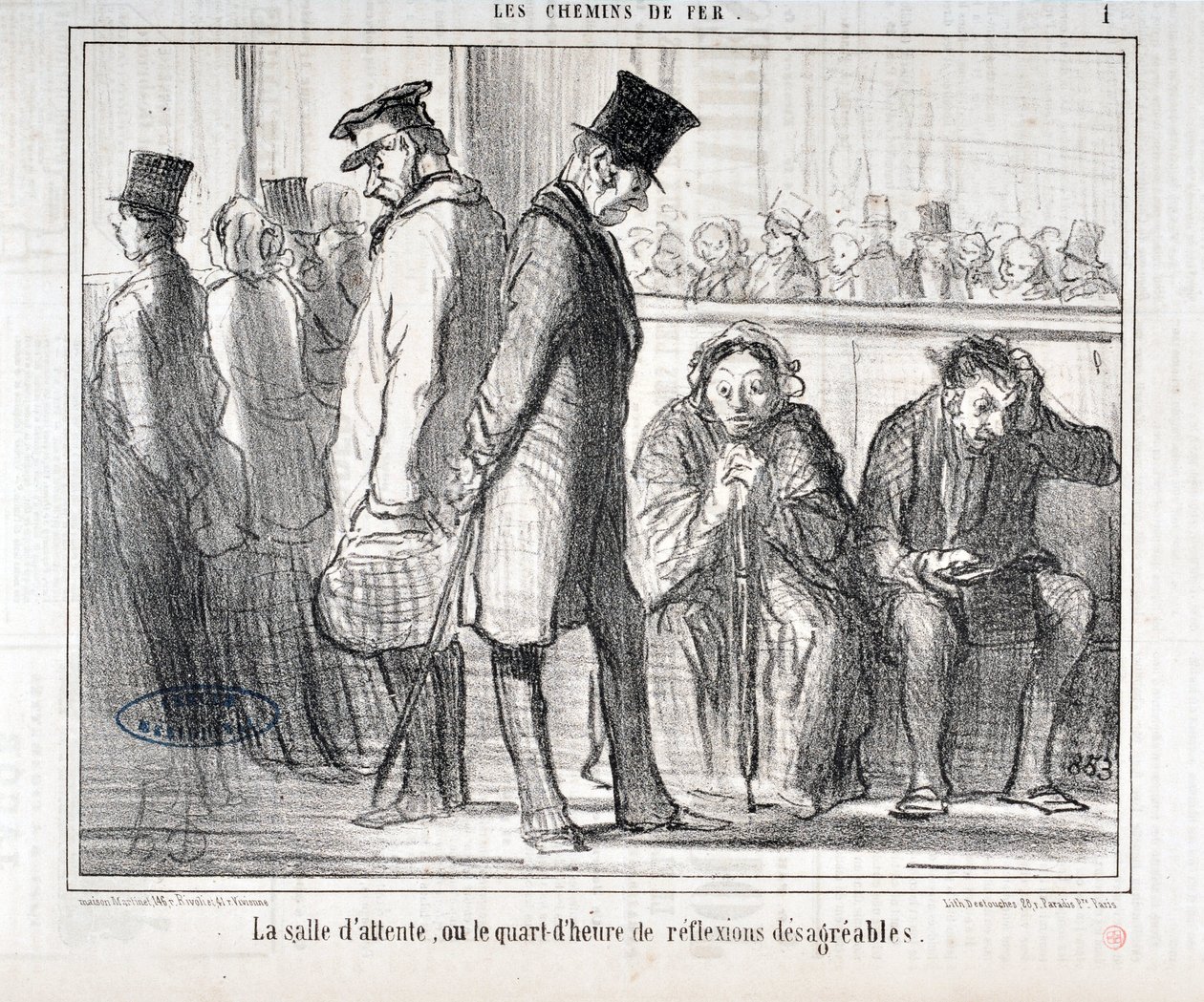 Kunstverk av Honore Daumier (1808-1879). Charivari stammer fra 1855: Serie LES Chemins de fer "" Venterommet eller kvarteret med ubehagelige refleksjoner""" MUSEE DES BEAUX ARTS - PALAIS LONGCHAMP, MARSEILLE av Honoré Daumier
