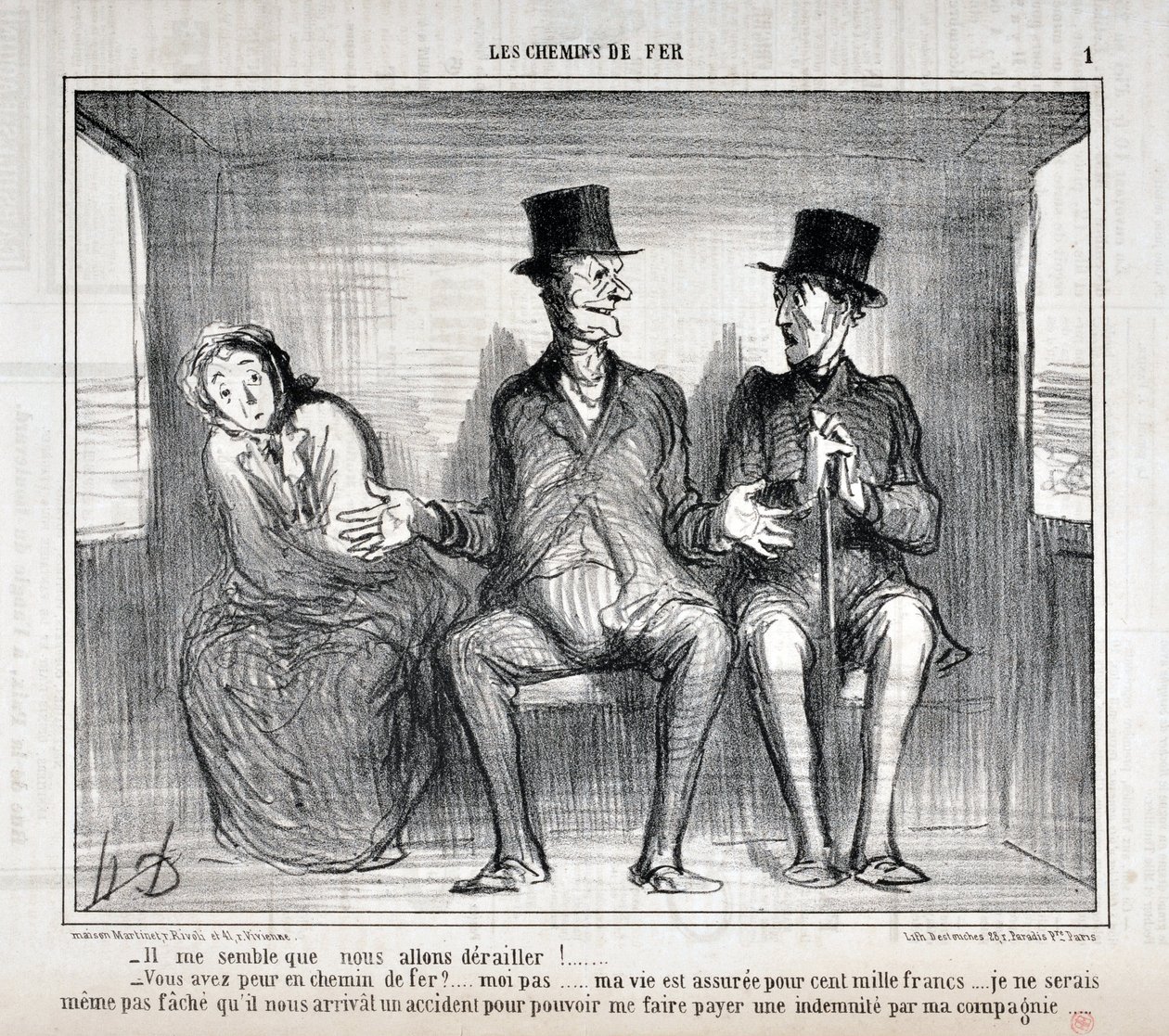 Kunstverk av Honore Daumier (1808-1879). Charivari stammer fra 1857: Serie LES RAILWAYS “” Det ser ut til at vi vil spore av!... Er du redd på jernbanen?... jeg ikke... livet mitt er forsikret for hundre tusen franc... jeg ønsker ikke engang å bekymre deg av Honoré Daumier