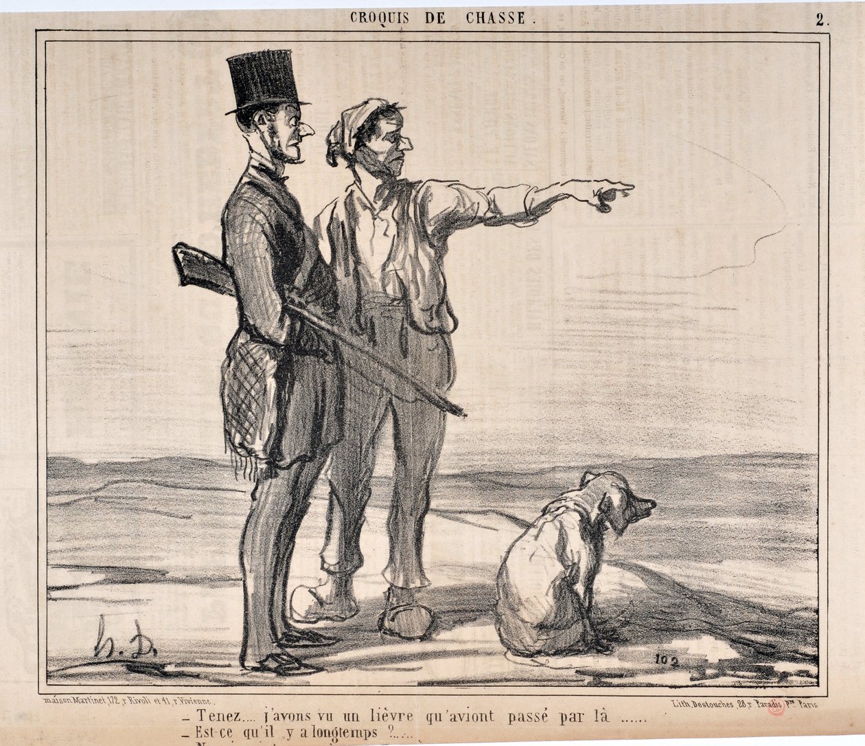 Kunstverk av Honore Daumier (1808-1879) Charivari stammer fra 1857: Serie sketches de chasseur “” Hold... Jeg så en havn som hadde ved... - Er det så lenge?...”” MUSEUM OF FINE ARTS - PALACE LONGCHAMP, MARSEILLE av Honoré Daumier