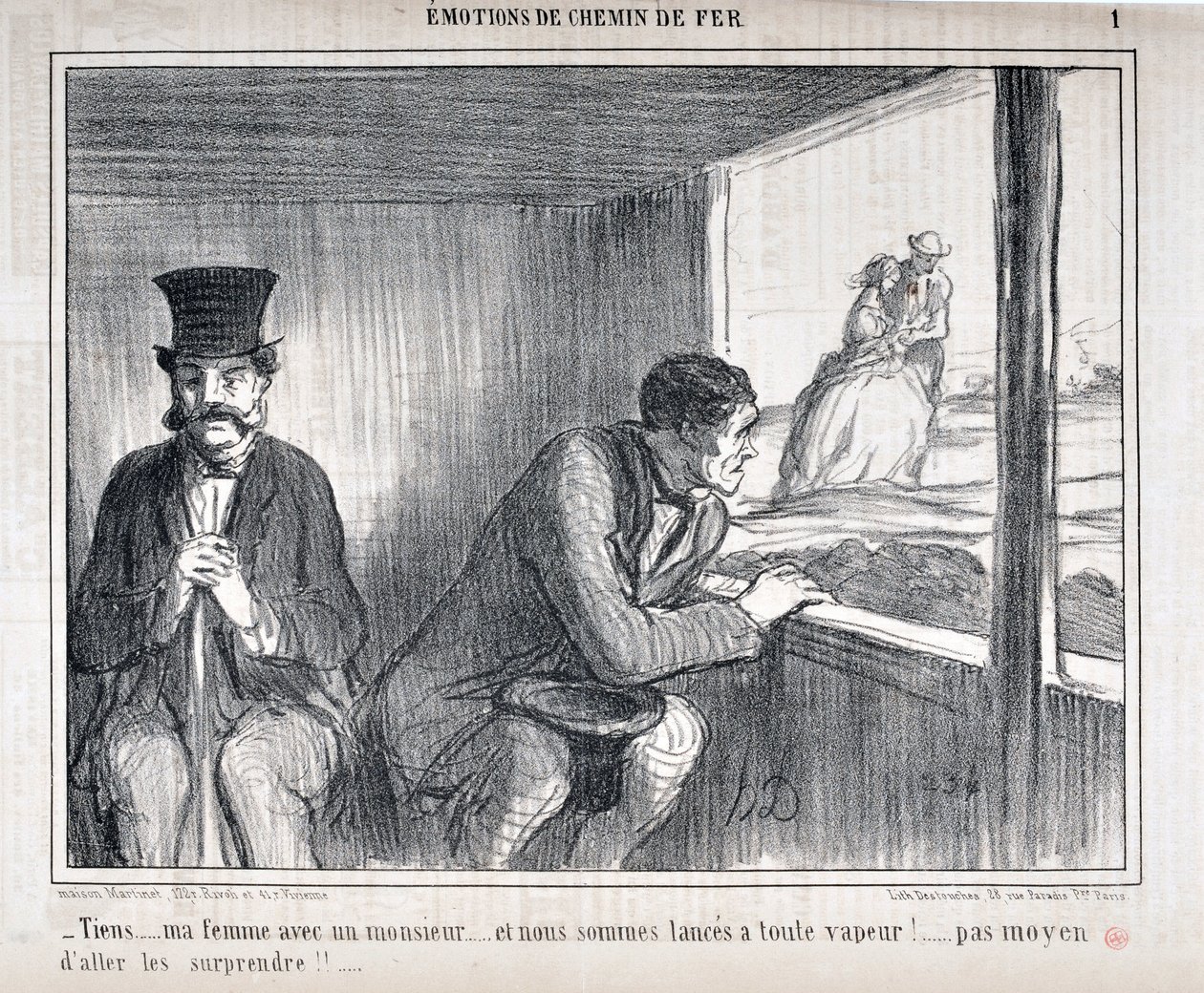 Kunstverk av Honore Daumier (1808-1879) Charivari stammer fra 1858: Serie EMOTIONS EN Chemin de fer - "Her... min kone med en gentleman... og vi går for fullt!... ingen måte å overraske dem!!...” MUSEUM FOR FINE ARTS - PALACE LONGCHAMP, MARS av Honoré Daumier