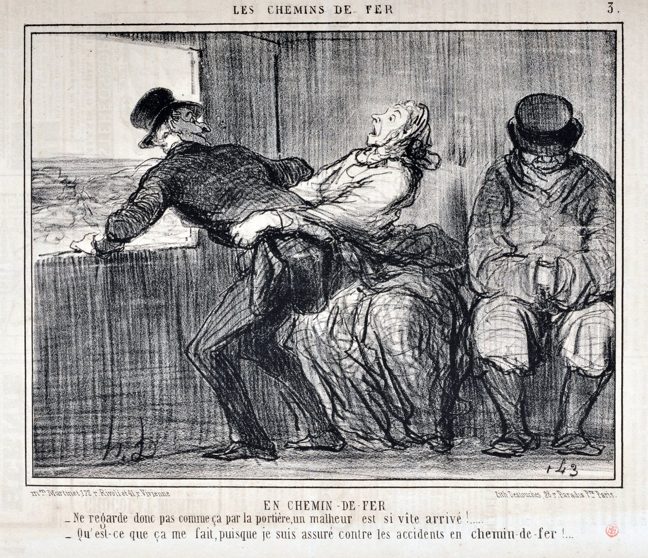 Kunstverk av Honore Daumier (1808-1879). Charivari stammer fra 1858: Serie LES RAILWAYS By Railroad “” -Så ikke se slik ut gjennom døren, en ulykke kommer så fort!... “Hva betyr det for meg, siden jeg er forsikret mot ulykker på jernbane av Honoré Daumier