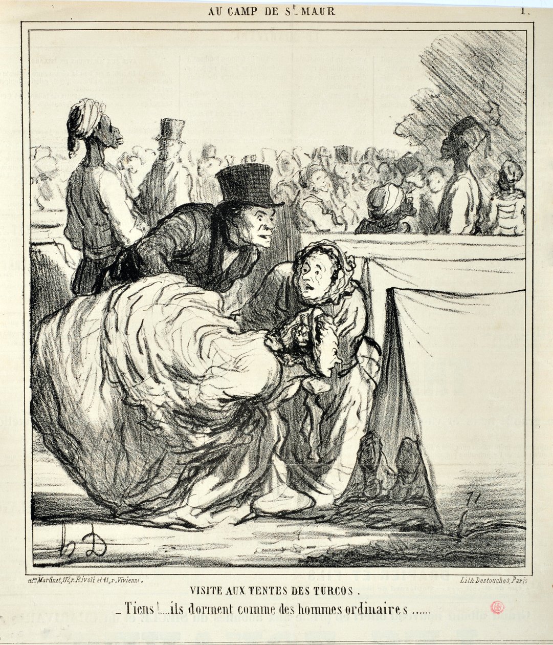 Kunstverk av Honore Daumier (1808-1879) Charivari stammer fra 1859: Serie AU CAMP DE SAINT MAUR Besøk i turkosenes telt. "" -Her!... de sover som vanlige menn..." KUNSTMUSEUM - PALACE LONGCHAMP, MARSEILLE av Honoré Daumier
