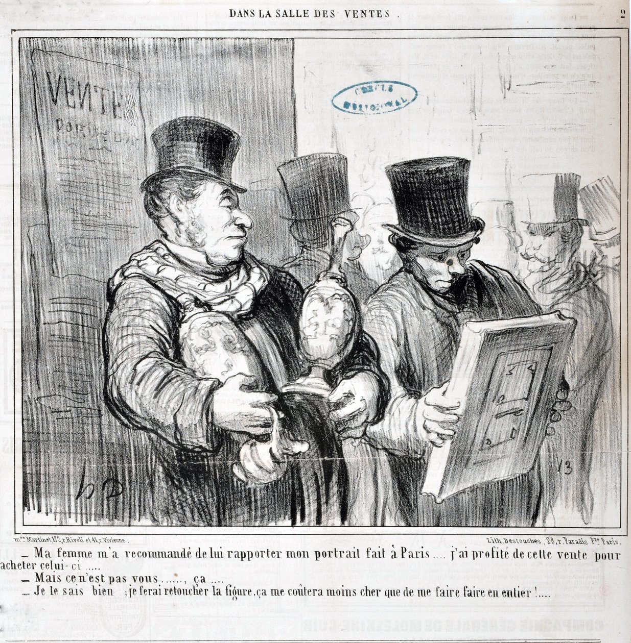 Kunstverk av Honore Daumier (1808-1879). Charivari stammer fra 1859: Serie I SALGET "" - Min kone anbefalte meg å bringe henne mitt portrett laget i Paris... Jeg benyttet meg av dette salget til å kjøpe denne... -Men det er ikke deg... ca. .. - J av Honoré Daumier