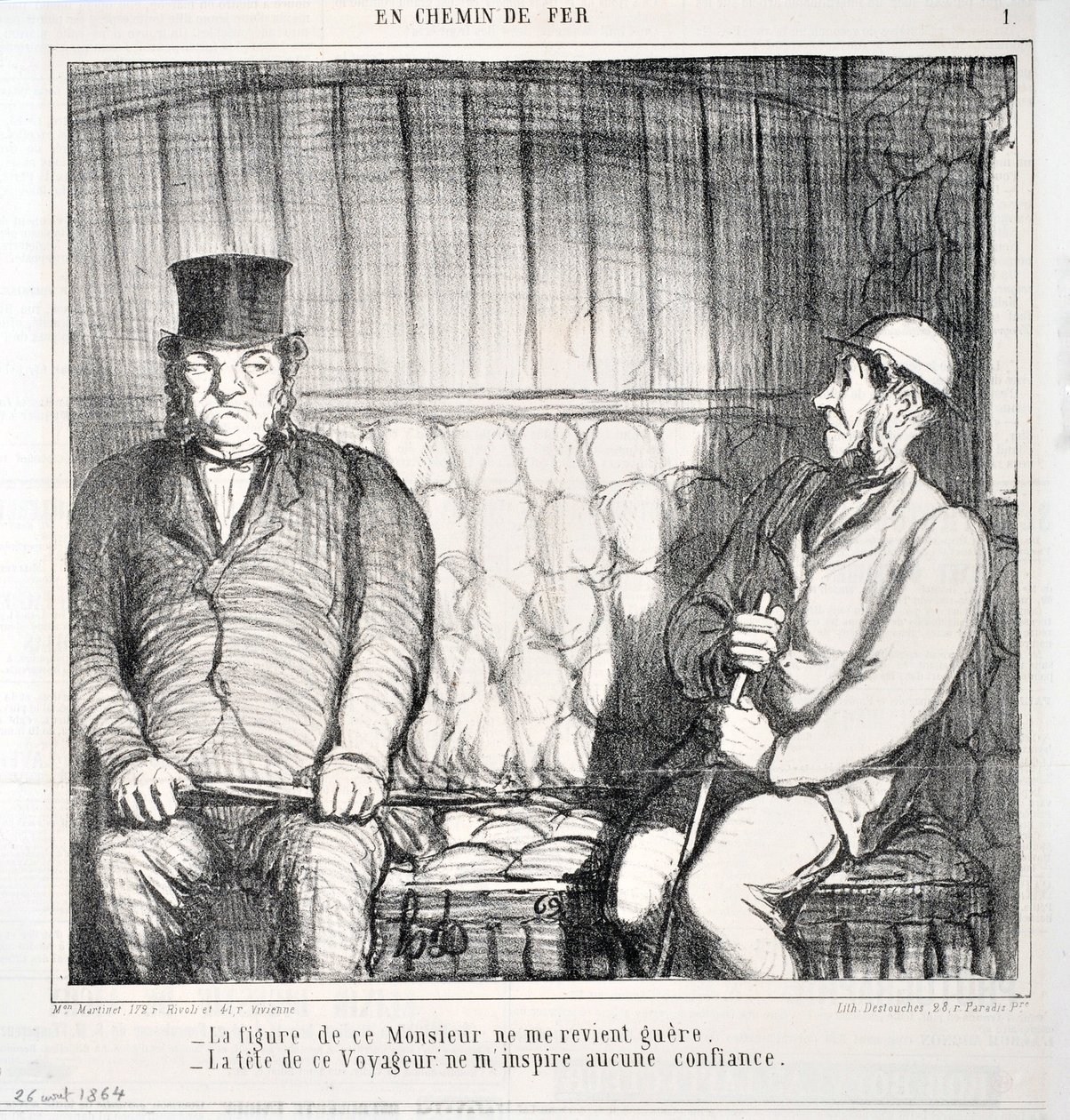 Kunstverk av Honore Daumier (1808-1879). Charivari stammer fra 1864: Serie LES CHAINS DE RAILWAY “” – Figuren til denne herren kommer ikke tilbake til meg. - hodet til denne reisende gir meg ingen tillit””” MUSEE DES BEAUX ARTS - PALAIS LONGCHAMP, MARSE av Honoré Daumier