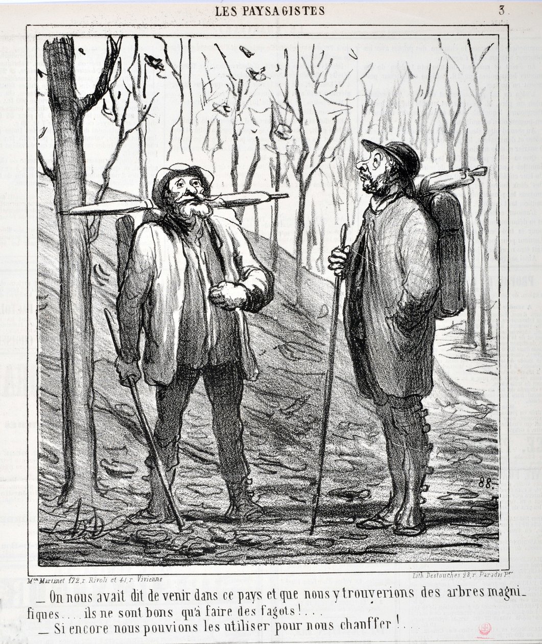 Kunstverk av Honore Daumier (1808-1879). Charivari stammer fra 1864: Serie LES LANDSAGISTS "" - Vi ble fortalt at vi skulle komme til dette landet og at vi ville finne vakre trær... de er gode til å lage fagoter!... "Hvis vi kunne bruke dem til å varme oss av Honoré Daumier