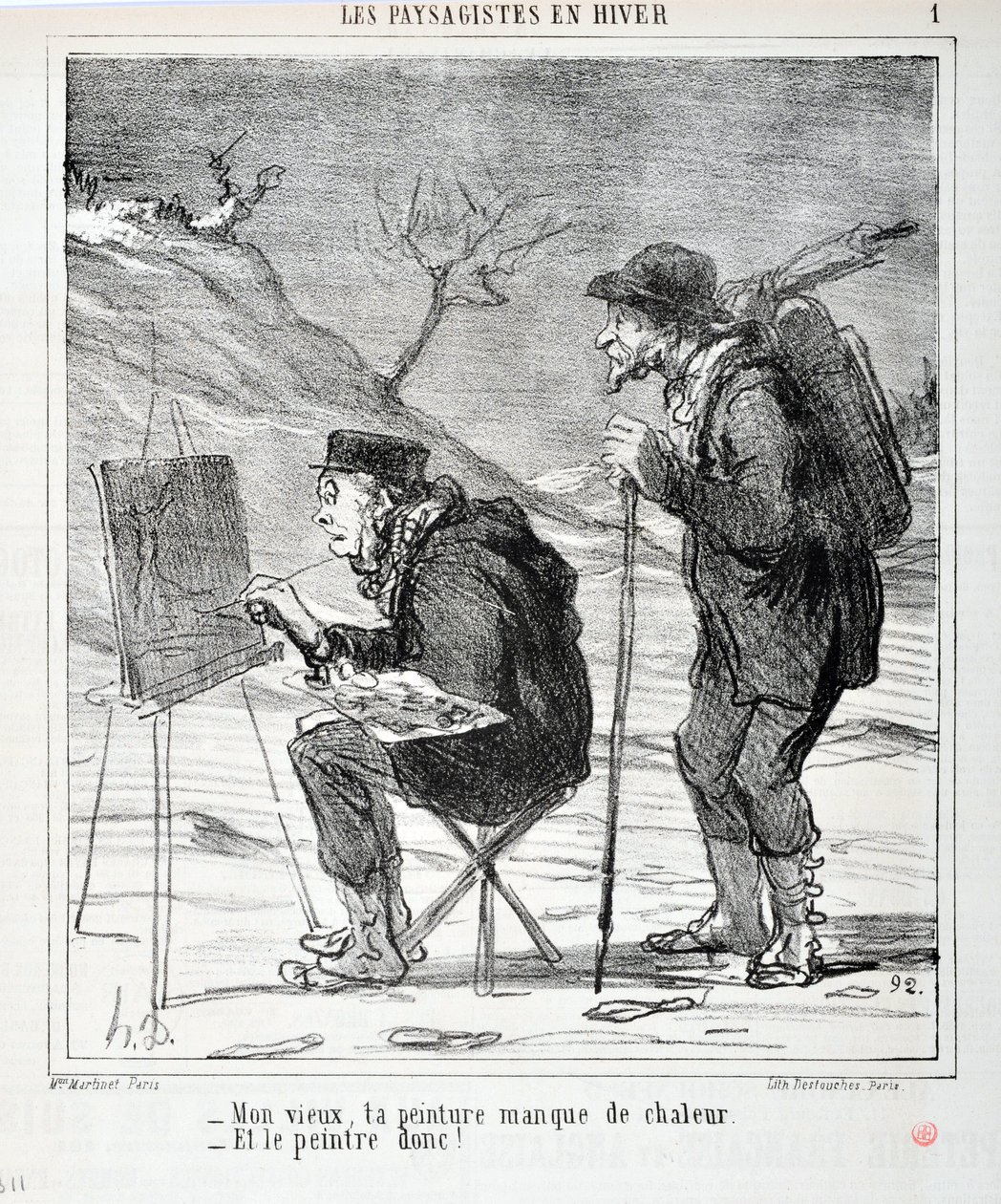 Kunstverk av Honore Daumier (1808-1879). Charivari stammer fra 1864: Serie LES LANDSAGISTS IN WINTER “” - Min gamle mann, maleriet ditt mangler varme - Og maleren så! “” MUSEUM FOR FINE ARTS - PALACE LONGCHAMP, MARSEILLE av Honoré Daumier