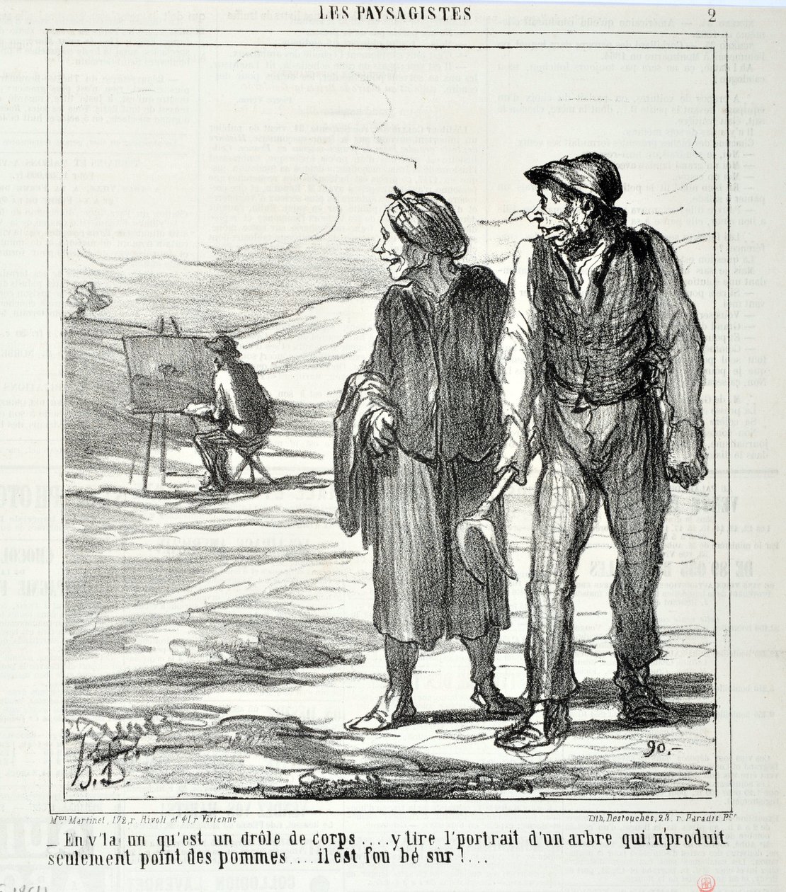 Kunstverk av Honore Daumier (1808-1879). Charivari er fra 1864: Serie LES LANDSAGISTS "" - I denne som er en morsom kropp... tegner et portrett av et tre som ikke bare produserer epler... han er gal etter!..." KUNSTMUSEET - PALACE LONGCHAMP, av Honoré Daumier
